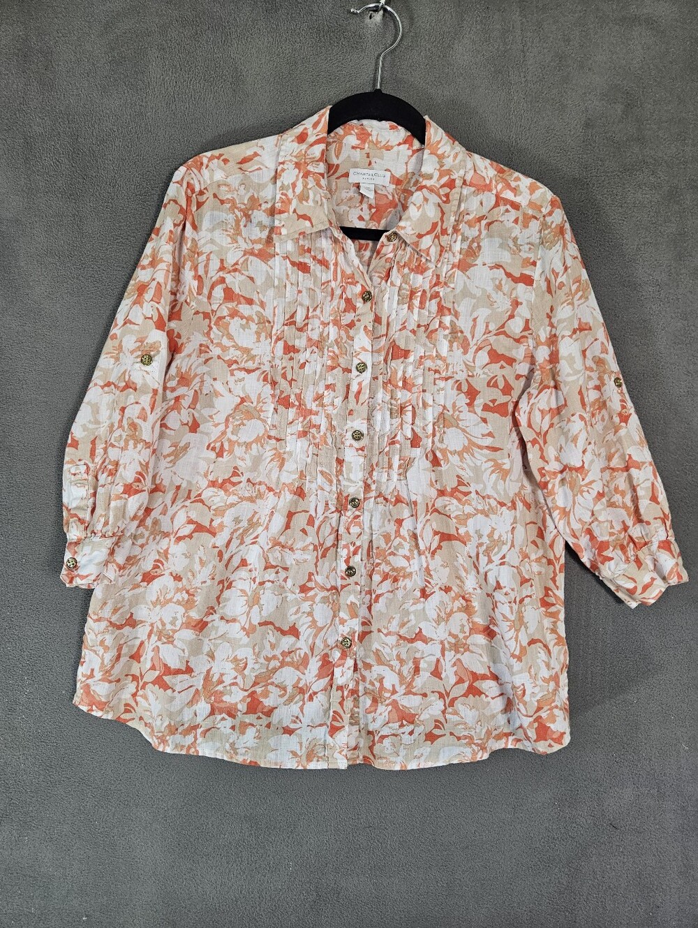Charter Club PXL Peasant Shirt Floral Embroidery 100% Linen Cottage Buttons